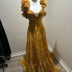 Mac Duggal Yellow Floral Ruffle Maxi Dress